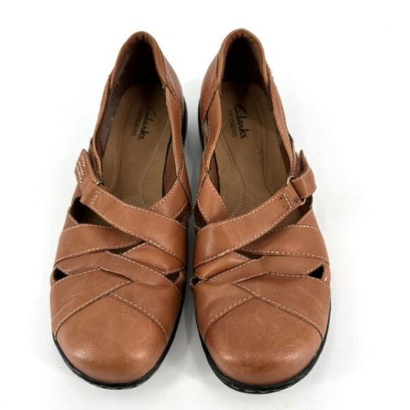 Clarks Women's Leather X Strap Slip-On Bendable Flat Shoe Brown‎ Tan Size 9M - Picture 3 of 7